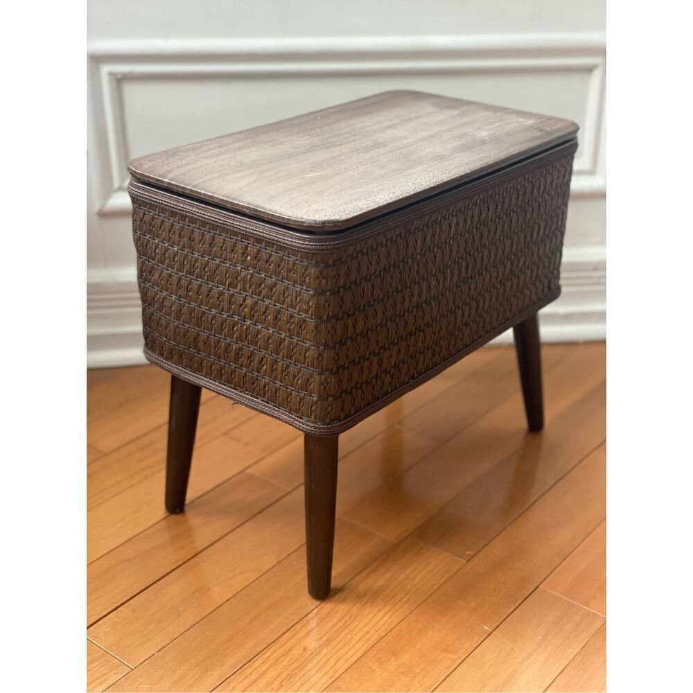 Vintage Burlington Sewing Ottoman Retro 1970s Mid Century Modern Brown Basket We